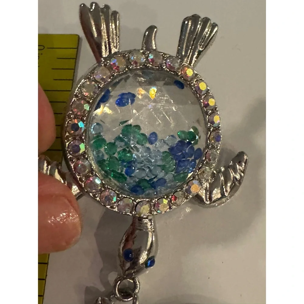 Silver Sea Turtle Shaker Keychain Blue Green Crystals AB Rhinestones Pearl Charm
